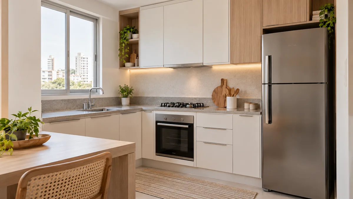 Uma cozinha compacta de apartamento com armários claros e madeira
