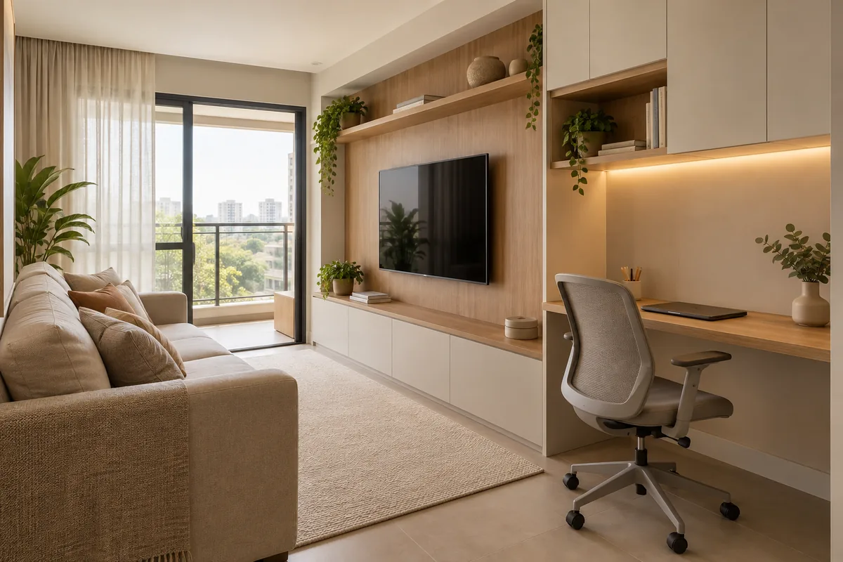 Sala com home office integrado