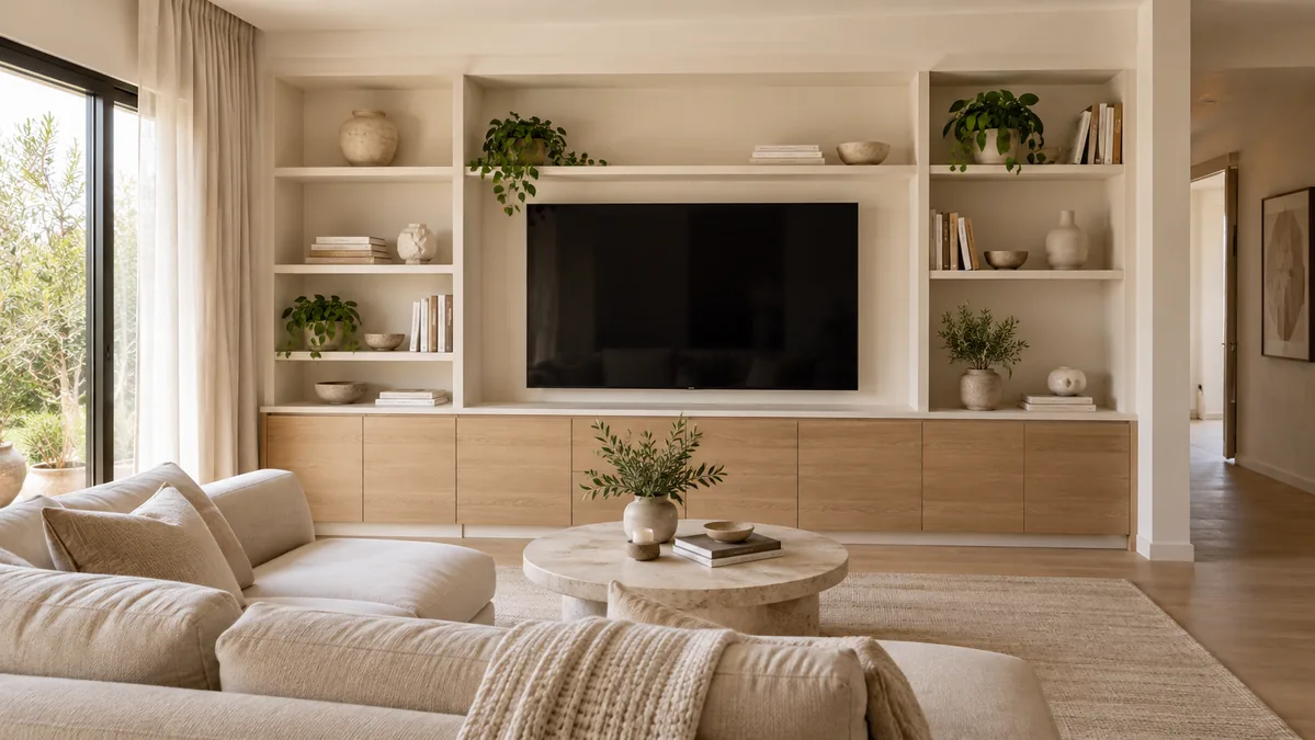 Sala com painel de TV e móveis planejados