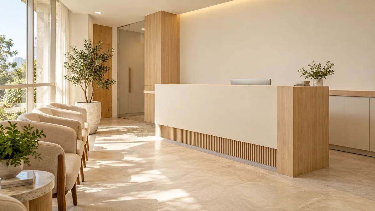 Recepção comercial com balcão planejado e armazenamento integrado